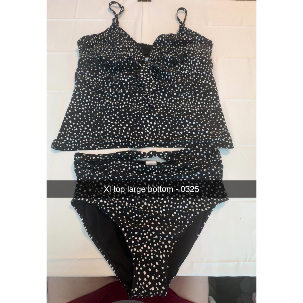 Black White Polka Dot Tankini Swimsuit Set High Waist XL Top Large Bottom 0325